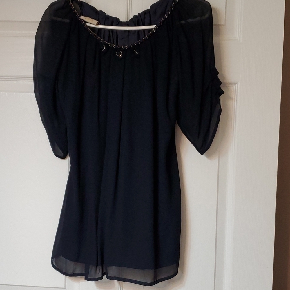 Vintage Rungolee sheer navy top w chain in neckline Size small